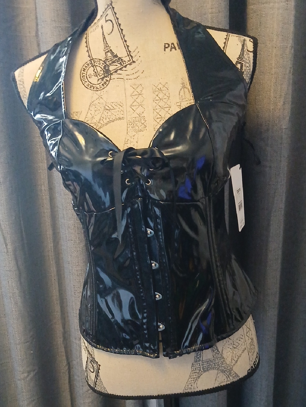 Women's Black Vinyl Halter Corset Top - Unbranded